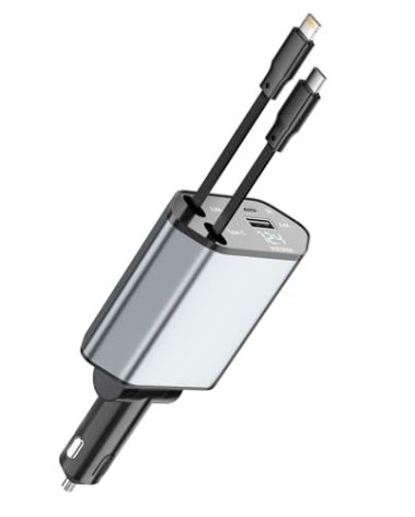 Retractable Car Charger, 120W 2.7Ft Retractable Cables and 4 Electronic Ports, Car Accessories Compatible for iOS & Android Cell Phones All Device Charging