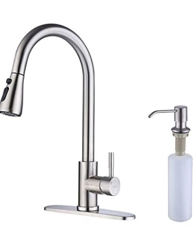Keer Brush Nickel Single Handle Pull Down Kitchen Faucet with Soap Dispenser, 3 Modes Sprayer, Easy Assembly, Single Handle High Arc Stainless Steel Faucet