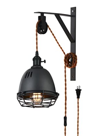 SEEBLEN Vintage Design Industrial Wheel Farmhouse Wall Mount Pulley Wall Pendant Lamp with 7-Foot Brown Plug and Switch, Adjustable Wall Sconce Sand Black Lampshade and Iron Cage Wall Light