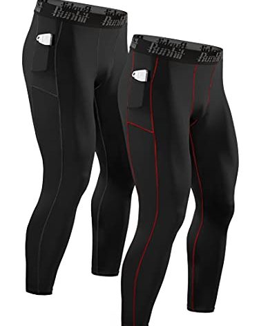 Runhit Mens Compression Pants Running Tight for Men Leggings with Pocket Workout Athletic Thermal Pants for Men Running Shorts Black Red 2 Pack Medium