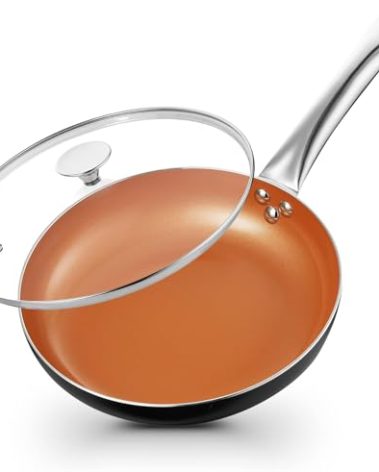 KOCH SYSTEME CS Little Skillet with Lid - 8" Copper Nonstick Frying Pan for Oven & Stove, Small Skillet with Ceramic Coating, Aluminum Nonstick Pan, 100% PFOA Free, All Stove Tops Compatible
