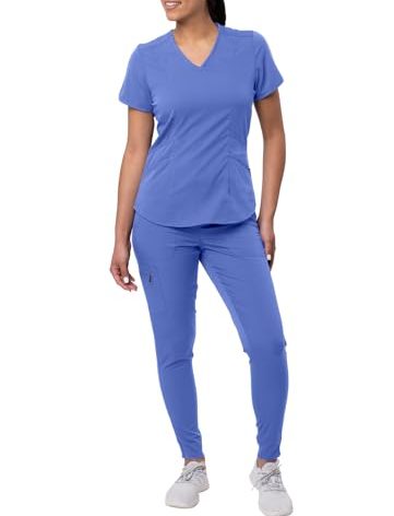 Adar Pro Modern Athletic Scrub Set For Women - Modern V-Neck Scrub Top & Yoga Jogger Scrub Pants - P9500 - Ceil Blue - XS