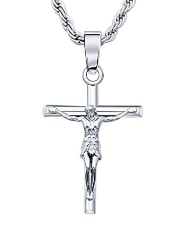 HELLOICE Crucifix Cross Necklace 18K Gold Plated Cross Pendant with 3mm 22" Rope Chain for Men Women (Crucifix Cross-Silver)