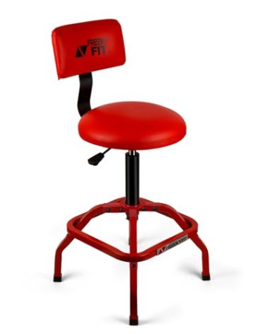 FreekyFit Shop Stool with Backrest, Mechanic Garage Stool for Workshop, Adjustable Shop Stools Chair, Padded Workbench Stools for Men Women, 300 LBS Capacity, 360° Swivel PVC Seat, Heavy Duty, Red