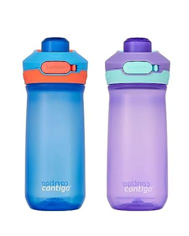Contigo Jessie Kids Water Bottle Leak-Proof Lid 14oz Dishwasher-Safe Fits Most Cup Holders 2-Pack Blue Poppy/Coral & Amethyst/Jade
