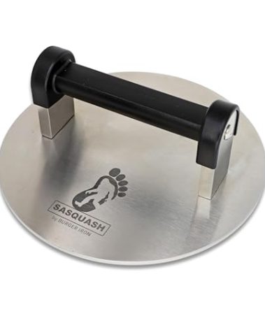 The Sasquash - Bigfoot Burger Smasher - Professional Grade Burger Press - Monster 8" Wide 3+ Pound Welded Stainless Steel Smashed Burger Grill Tool, Blackstone Griddle Steak Weight and Flat Top Press