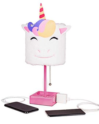 inno casa Table Lamp Cute Unicorn Plush Shade Desk Lights for Gifts with 2 USB Charging Ports and 1 Power Outlet for Bedroom Reading & Living Room