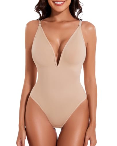 LIRASDIS Backless Shapewear Bodysuit, Low Back Tummy Control Thong Body Suit, Seamless Under Dress Body Shaper, Nude, Large