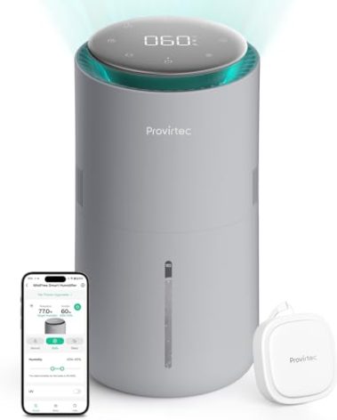 Provirtec MistFree Smart Humidifier for Bedroom, Evaporative Humidifier No White Dust, Auto Humidity & APP Control, 3L Water Tank Easy to Clean, Sleep Mode, Timing, Humidifiers for Nursery/Baby(Gray)