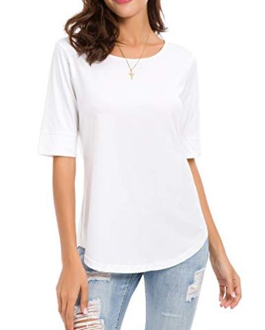 EMIKTSH Womens Cotton Tops Elbow Length Sleeves Tee Shirts Casual Round Neck Fitted Blouses White S