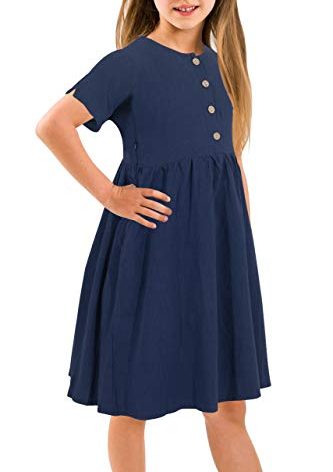 GORLYA Girl's Short Sleeve Button Up Pleated Waist Loose Casual Linen Midi Dress with Pockets for 4-12 Years Kids (GOR1007,13-14Y, Navy)