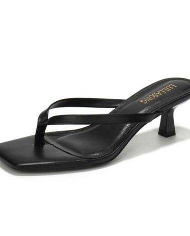 LULLASONG Women's Black Kitten Heels Sandals Square Open Toe Flip Flop Heels 1.8-2 Inch Heeled Sandals for Women