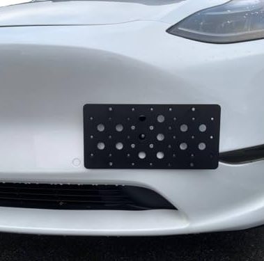Front Bumper Tow Hook License Plate Mount Bracket for Tesla Model Y 2020-2024, Plate Holder Set w Unique Screw Bolts & Black Screw Caps, Quality Plate Holders, Premium Car & Truck Accessories