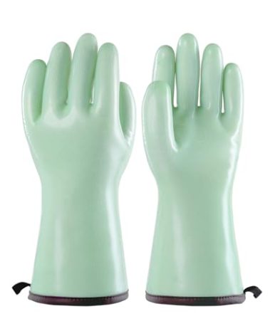 PACIFIC PPE Heat Resistant Oven Gloves, Food Grade Safety Gloves with Thickened Waterproof Silicone Coating for Cooking, Grilling, Baking, Smoker, Green, XL/10