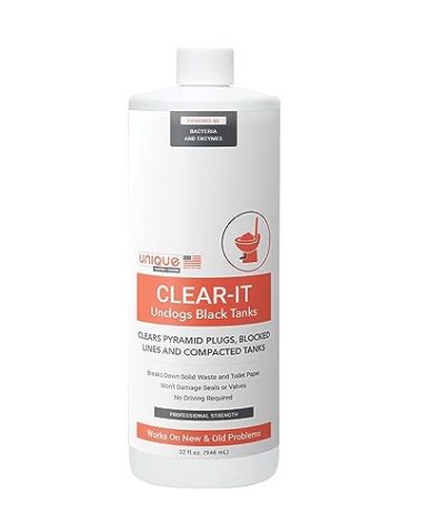 Unique Clear-It RV Black Tank Unclogger Liquid - Breaks Through Pyramid Plugs, Compacted Tanks, and Clogged Pipes (32 oz)