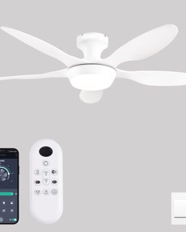 GJeg Ceiling Fan with Lights, 46 Inch Low Profile Ceiling Fan with Light and Remote/APP Control, Flush Mount, 6 Speeds Reversible, Dimmable Noiseless Ceiling Fans for Bedroom, Indoor/Outdoor, White