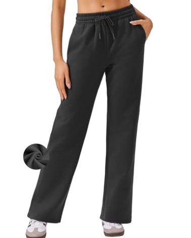 PINSPARK Fleece Wide Leg Sweatpants Women Drawstring High Waisted Sweat Pants Loose Workout Pants with Pockets Black Regular XXL