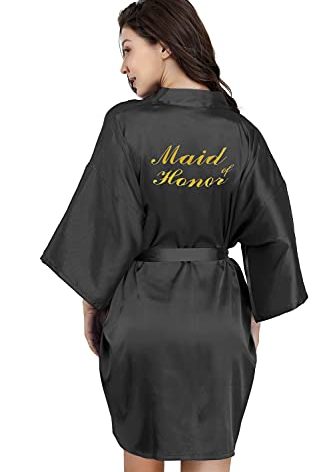EPLAZA Bride Bridesmaid Robes for Wedding Bridal Party Women Short Solid Color Silky Satin Robe Kimono with Gold Glitters (Black, Maid of Honor)