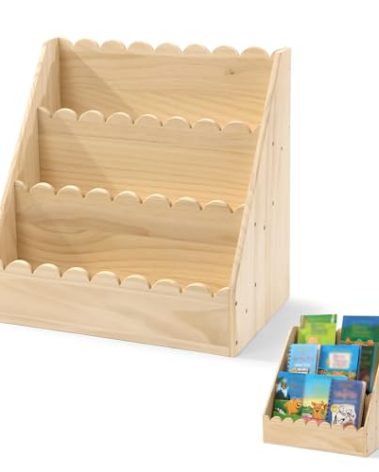 BALAPET Scalloped Book Shelf for Kids, 3-Tier Wooden Bookshelf Perfect Height for 1-5 Years Toddler, Durable Bookcase Book Organizer for Nursery Room(Wooden,16.5 * 16.5 * 10.6in)