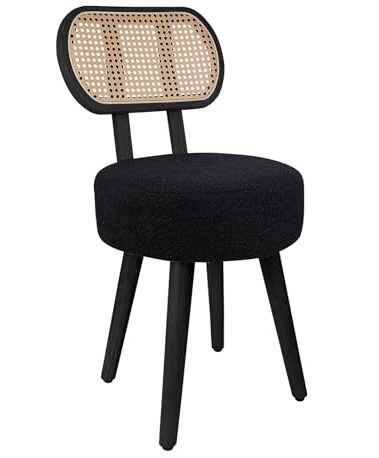 ZYBT Rattan Dining Chair, Boho Makeup Vanity Chair for Makeup Room, Mid Century Modern Boucle Chair, Black Cane Dining Chairs, Upholstered Wood Accent Chair, Cute Sherpa Chair with Back, 1 Pc