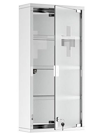 HOMCOM Wall Mounted Medicine Cabinet, Locking Wall Cabinet with 4 Tier Shelves, Stainless Steel Frame and Glass Door, Lockable with 2 Keys, Silver, 12" x 24"