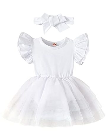 Baby Girl Clothes Infant Ruffle Sleeve Romper Dress Newborn Solid Tutu Skirt Sets Jumpsuit Headband Outfit (039B-White Sleeveless, 12-18 Months)