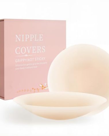 SUFUJIA Not Sticky Pasties Nipple Covers, Cakes Grippy Seamless Covers Fit Body, Reusable Silicone Bra No-Show Inserts with Travel Box (Bright Skin, 3.94IN(B-DD))