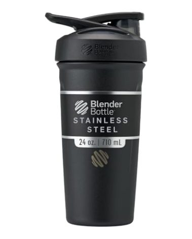 BlenderBottle Strada Shaker Cup Insulated Stainless Steel Water Bottle with Wire Whisk, 24-Ounce, Black
