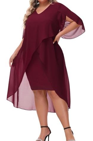 Hanna Nikole Womens Chiffon Ruffle Flattering 3/4 Sleeve Bodycon Party Pencil Dress for Wedding Guest Wine Red XL