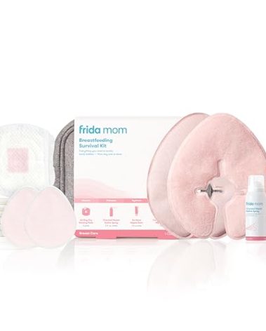 Frida Mom Breastfeeding Survival Kit for Nursing Moms, Reusable Hot+Cold Breast Relief Packs, Hydrogel Nipple Pads, Cracked Nipple Saline Spray, Nipple Balm, Nursing Pads, 13 Piece Gift Set