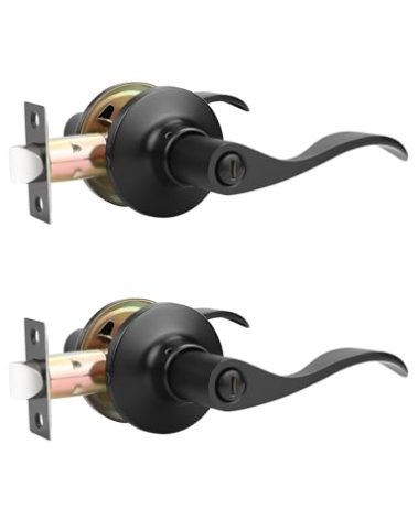 Mengico 2 Pack Black Door Handles, Privacy Interior Door Lever, Heavy Duty Wave Style Bed/Bath Door Locks Interior Door Knobs, Reversible for Right/Left Handed
