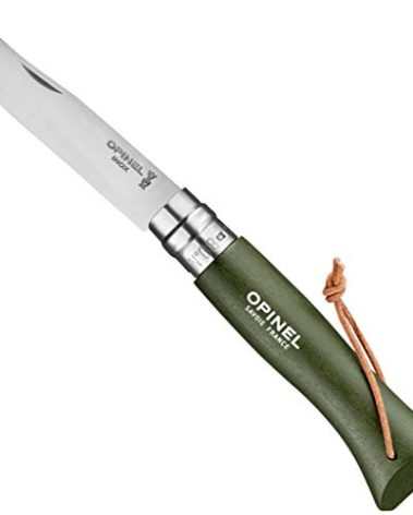 Opinel Colorama No.08 Folding Pocket Knife, Painted Wood Handles, Leather Lanyard (Green)