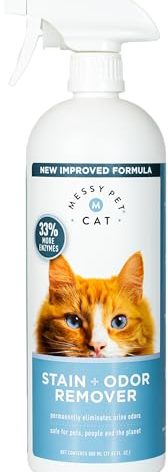 Messy Pet Cat Stain & Odor Remover - Cleans Cat Urine, Other Animal Smells, Spots from Home Carpet, Couch, Furniture, Litter Box, Enzyme-Powered Spray - 27oz