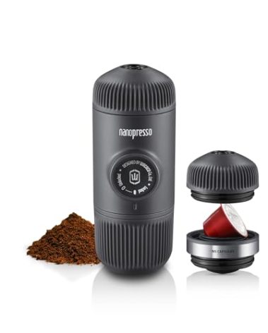 WACACO Nanopresso Portable Espresso Maker Bundled with NS Adapter, Compatible with NS Capsules and Ground Coffee, Manually Travel Coffee Machine Set, Perfect for Camping