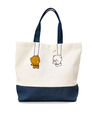 Milkmochabear Hanging Out Canvas Tote Bag Authentic Merchandise With Denim Straps Zipper Pocket Magnetic Closure For Men Women Unisex Cute Adorable Casual Daily Use Shopping Travel Fun