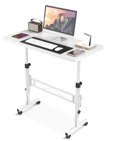 Small Standing Desk Adjustable Height, Mobile Stand Up Desk with Wheels, 32 Inch Portable Rolling Desks Computer Office Workstations for Walking Pad Treadmill White