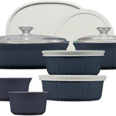 CorningWare Ceramic Bakeware Set with Lids Chip and Crack Resistant Stoneware Baking Dish, Microwave, Dishwasher, Oven, Freezer and Fridge Safe, 12-Piece French Navy
