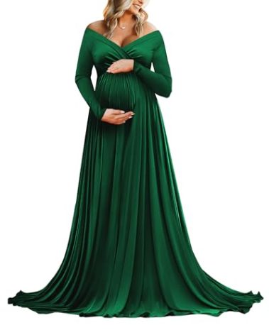 Saslax Maternity Off Shoulders Long Sleeve Half Circle Gown for Baby Shower Photo Props Dress Green 131 Large