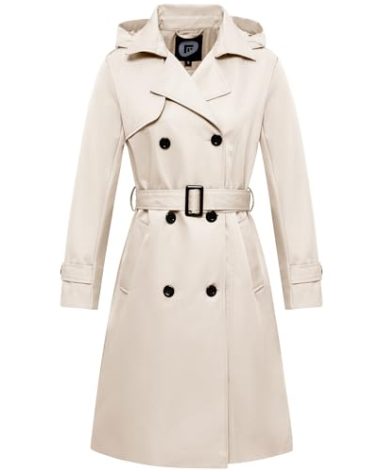 Garemcy Women's Long Waterproof Trench Coat Double Breasted Classic Lapel Coat Belted with Detachable Hood Beige Small
