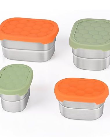 Tanjiae Stainless Steel Snack Containers for Kids & Salad Dressing Containers Sets | Easy Open Small Food Containers with Silicone Lids – Perfect Metal Lunch Box Containers for Daycare and School