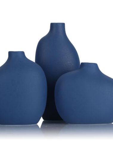 Small Navy Blue Ceramic Vase Set of 3,Bulk Mini Bud Vases for Flowers and Pampas Grass,Cute Boho Ellipse Home Decor for Coffee Table Centerpieces,Living Room,Office,Bookshelf,Entryway Decor