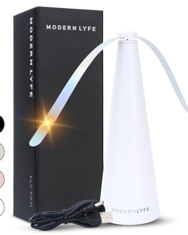 Fly Fans for Tables by Modern Lyfe - AA Battery & USB Powered - Fly Swatter Outdoor Camping Accessory Or for Food at Parties, Restaurants & Picnics, Bug Fan, Spinner Keeps Flies Away (1 Pack - White)
