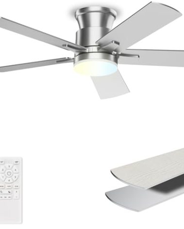 Flush Mount Ceiling Fans with Lights 42 Inch, Remote Control, 3CCT Dimmable, 6 Speeds, Noiseless Reversible DC Motor, Low Profile Silver Nickel Ceiling Fan for Living Room, Patio, Indoor/Outdoor, ETL