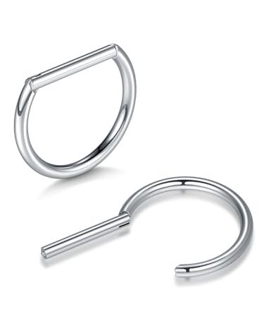 Oveta 14G D Shaped Nipple Rings Titanium Nipple Piercing Jewelry for Women Men Cartilage Hoop Earring Clicker Ring Hoops, 12mm Bar Length, Silver