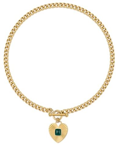 Natural Green Agate Heart Pendant Necklace for Women Chunky 18K Gold Plated Cuban Chain Toggle Clasp Sunburst Hearts Healing Stone Necklace Love&Hope Statement Jewelry 18''