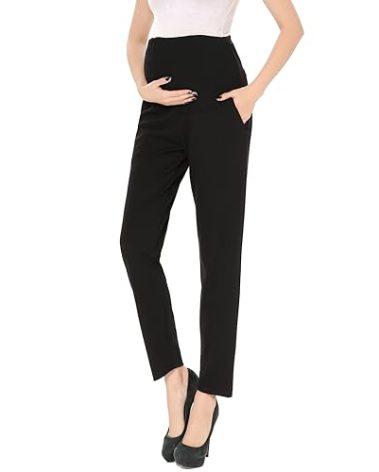 Alina Mae Maternity Pants Work Over The Belly with Pockets, Womens Pregnancy Dress Pants Office Clothes Trousers Stretch Summer (Black, Medium (Size 8-10))