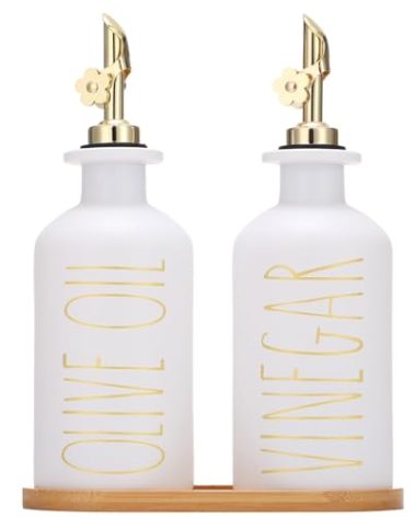 HOMCDALY Premium Olive Oil Dispenser for Kitchen, 11.8oz Glass Oil Bottles with Bamboo Tray, White and Gold Oil&Vinegar Cruet Set, Kitchen Dispenser Bottles with Pourer| Set of 2 (11.8oz –P–Gold)