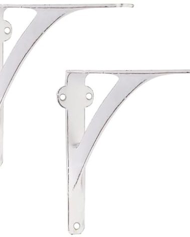 Set of 2 White Shelf Brackets for 8", 10", 12" Shelves - Distressed White Finish - 9.88" X 7.38" Heavy Duty Iron L Brackets for Wall Shelves Hardware Included,
