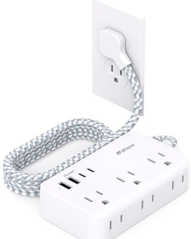 Power Strip Extension Cord - 6 Outlets and 4 USB (2 USB C), 5Ft Braided Cord with Ultra Thin Flat Plug, Wall Mount, Overload Protection, Compact for Travel, Cruise Ship, and Dorm Room Essentials