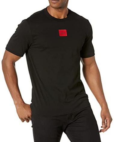 HUGO Mens Ribbed Crew Neck Regular Fit Center Logo T-Shirt, Raven Black, X-Large US